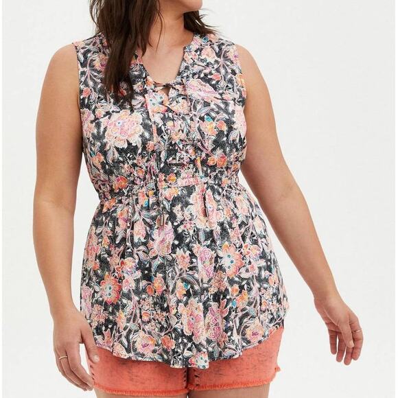 Torrid Peach Floral Lace-Up Tunic Women's Size 2X Babydoll Stretch Challis Top - Picture 1 of 9
